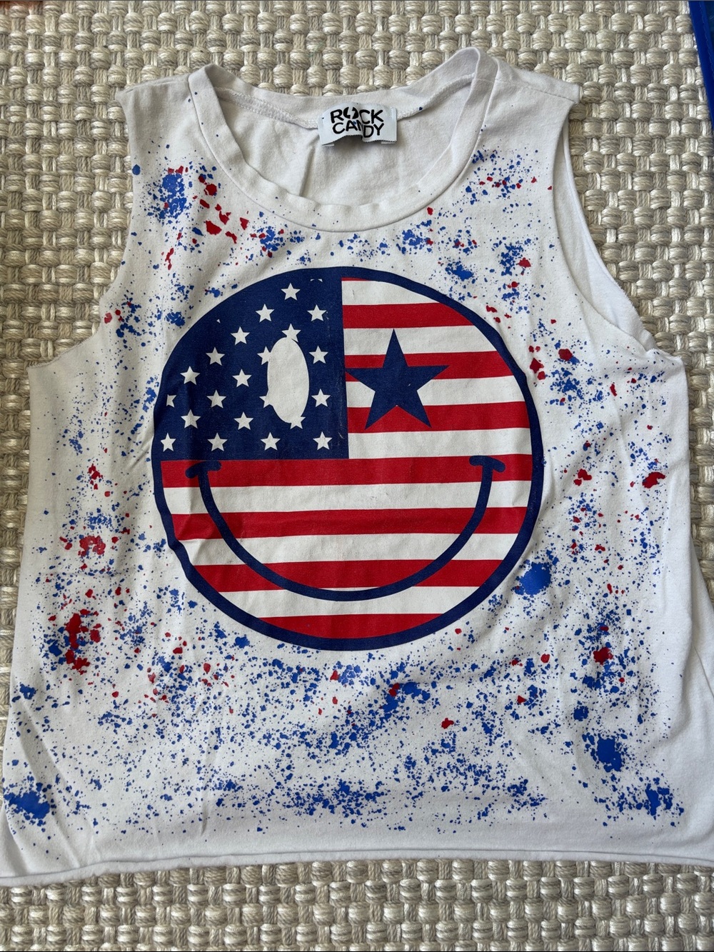 Rock & Candy White Tank Top with Red & Blue Smiley Flag